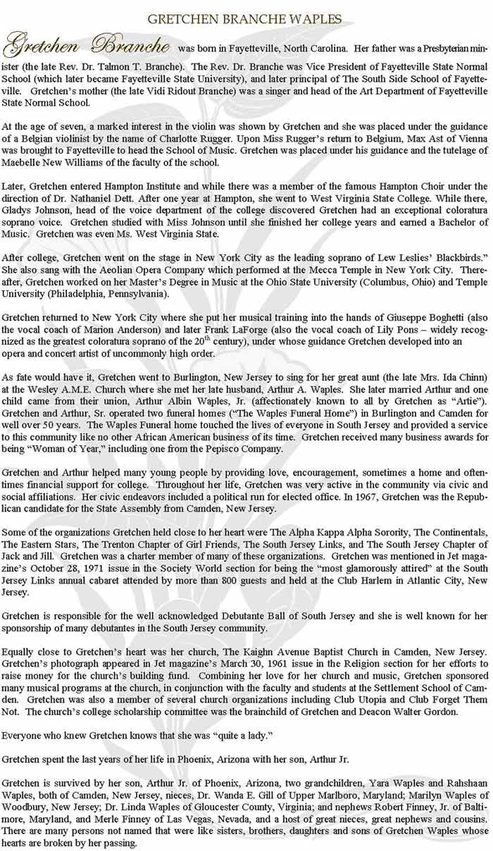 Gretchen Branche Waples — biographical tribute document