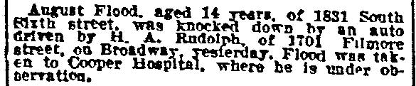 Philadelphia Inquirer, March 19, 1915 — brief noting August Flood knocked down by Harry Rudolph's auto on Broadway
