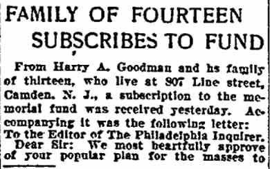 Philadelphia Inquirer, September 22, 1901 — Family of Fourteen Subscribes to Fund (part 1)