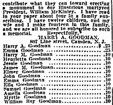 Philadelphia Inquirer, September 22, 1901 — Family of Fourteen Subscribes to Fund (part 2)