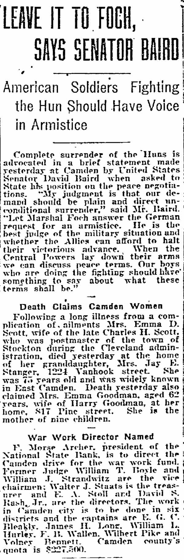 Philadelphia Inquirer, October 27, 1918 — Leave It to Foch, Says Senator Baird