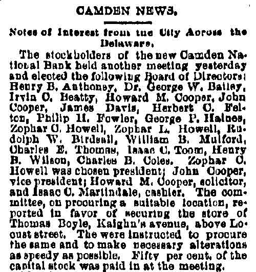 Philadelphia Inquirer, July 21, 1885 — Camden News, Camden National Bank directors elected