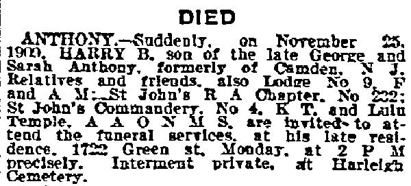 Harry B. Anthony obituary, Philadelphia Inquirer, November 28, 1909