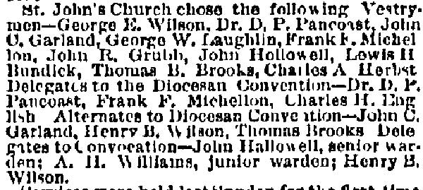 Philadelphia Inquirer, April 16, 1884 — St. John's Church vestrymen chosen