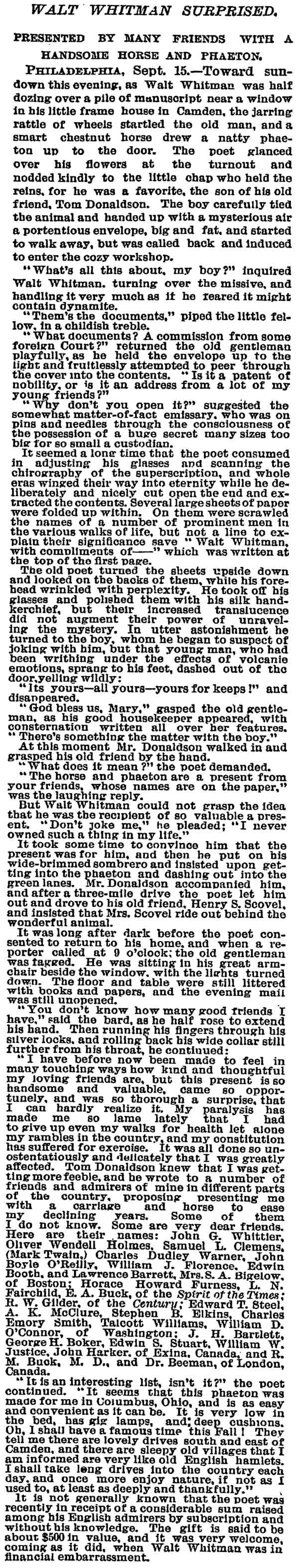 Walt Whitman Surprised, New York Times, September 15, 1895