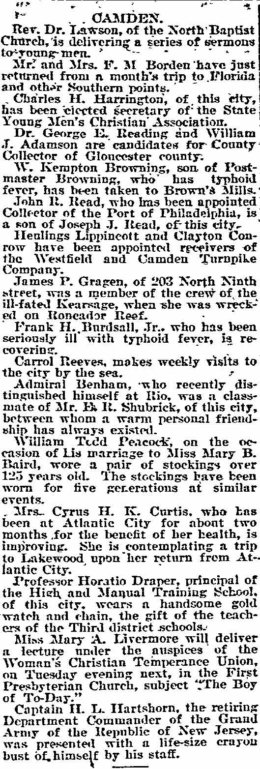 Camden News column, Philadelphia Inquirer, February 18, 1894, mentioning Professor Horatio Draper and residents of 429 Cooper Street