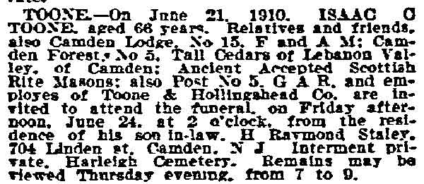 Philadelphia Inquirer, June 23, 1910 — death notice for Isaac C. Toone