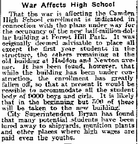 War Affects High School - Philadelphia Inquirer, March 11, 1918