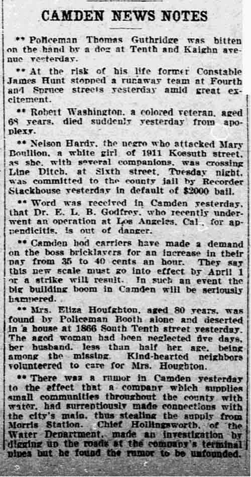 Philadelphia Inquirer, January 18, 1906 — Camden News Notes including former Constable James Hunt stopping a runaway team