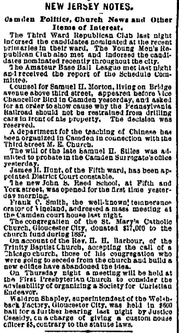 Philadelphia Inquirer, March 6, 1888 — New Jersey Notes including James H. Hunt appointed District Court constable