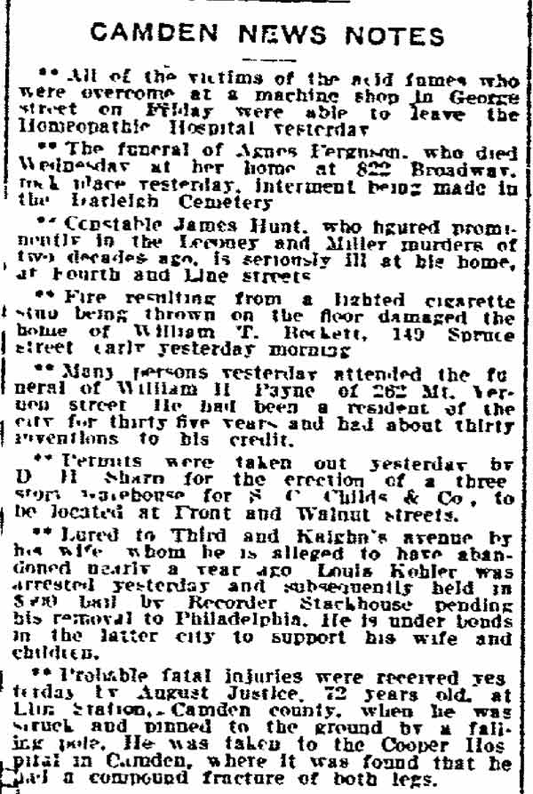 Philadelphia Inquirer, March 13, 1910 — Camden News Notes, Constable James Hunt seriously ill at home