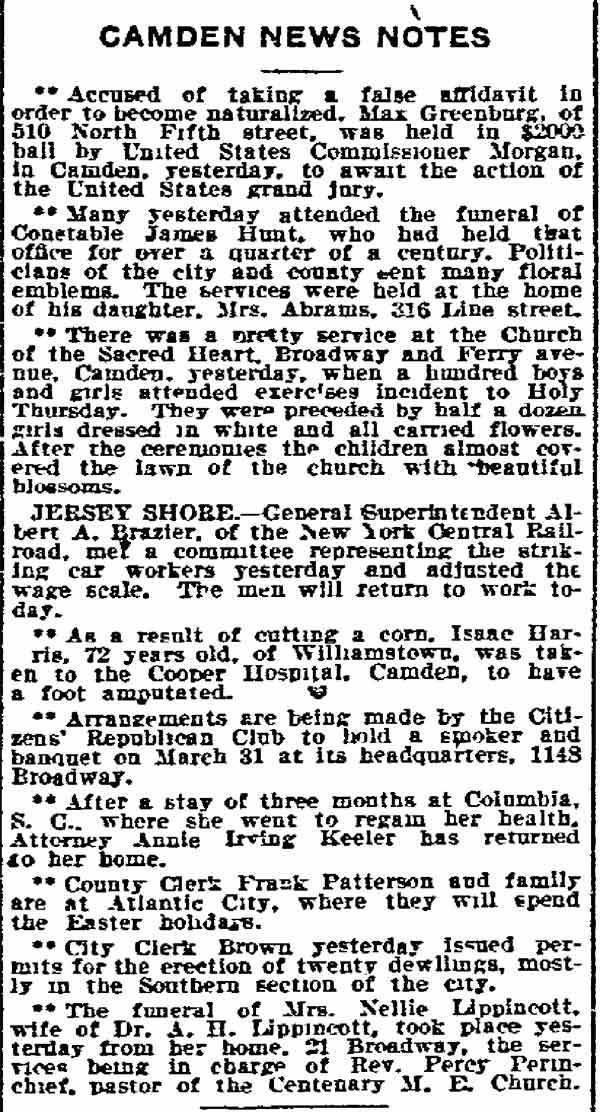 Philadelphia Inquirer, March 25, 1910 — Camden News Notes, funeral of Constable James Hunt attended by city and county politicians