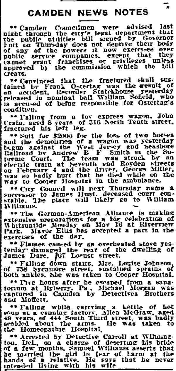 Philadelphia Inquirer, March 26, 1910 — Camden News Notes, city to name successor to James Hunt as court constable