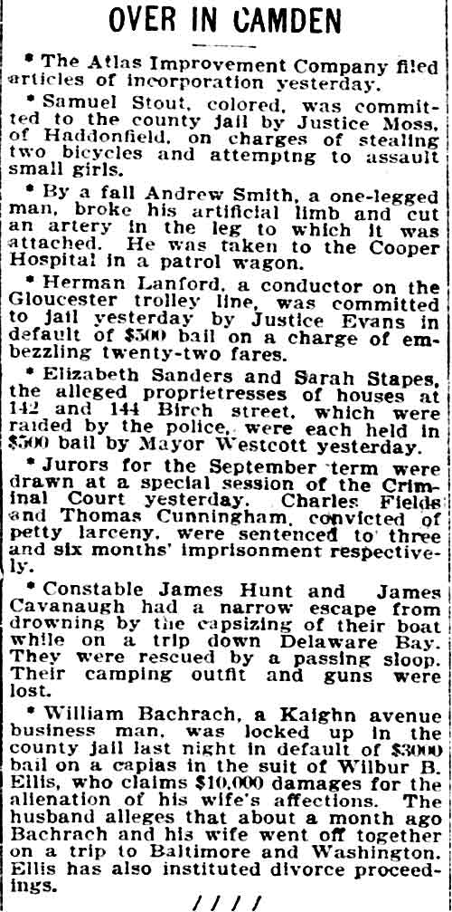 Philadelphia Inquirer, August 12, 1896 — Over in Camden column, including James Hunt and James Cavanaugh capsizing on Delaware Bay
