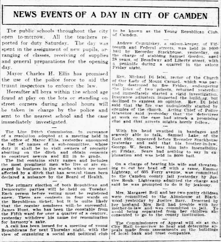 Philadelphia Inquirer, September 10, 1906 — News Events of a Day in City of Camden, James Hunt withdrew from constable race
