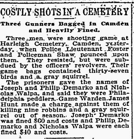Philadelphia Inquirer, October 4, 1895 — three gunners caught shooting at Harleigh Cemetery, fined by Game Warden James Hunt