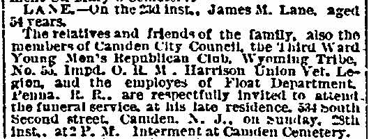 Philadelphia Inquirer, February 27, 1892 — Death Notice, James M. Lane