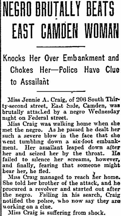 Philadelphia Inquirer article, January 8, 1904, reporting the attack on Jennie A. Craig on Federal Street in East Camden