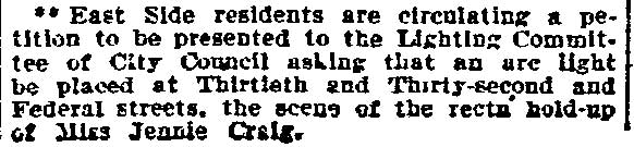 Philadelphia Inquirer article, January 10, 1904, reporting East Side residents petitioning for arc lights at the scene of the attack on Jennie Craig
