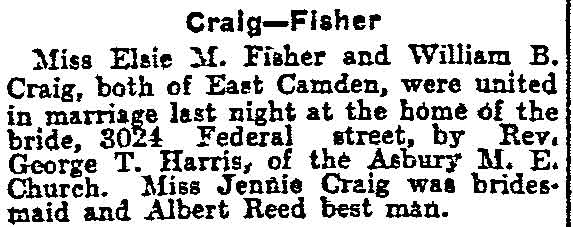Philadelphia Inquirer article, June 24, 1904, reporting the marriage of William B. Craig and Elsie M. Fisher, with Jennie Craig as bridesmaid