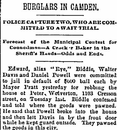 Philadelphia Inquirer, December 28, 1890 — Burglars in Camden