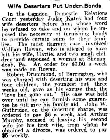 Wife Deserters Put Under Bonds — Philadelphia Inquirer, November 16, 1917