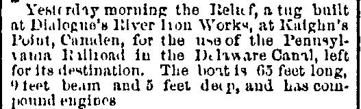 Philadelphia Inquirer, August 5, 1884 — Relief tug delivered to Pennsylvania Railroad