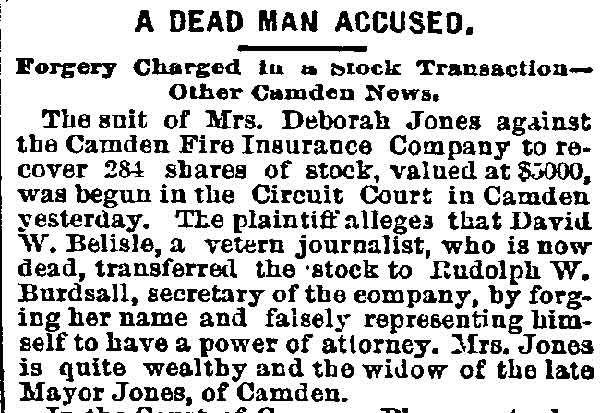 A Dead Man Accused — Forgery Charged in a Stock Transaction, Philadelphia Inquirer, January 5, 1889