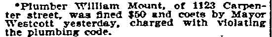 Philadelphia Inquirer, January 6, 1897 — Plumber William Mount fined $50 by Mayor Westcott for violating the plumbing code on Carpenter Street