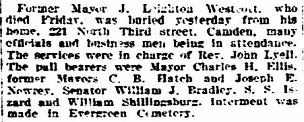 Philadelphia Inquirer, January 17, 1906: burial notice for Former Mayor J. Leighton Westcott