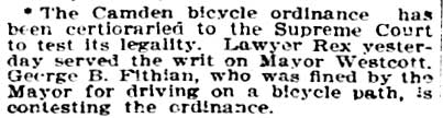 Philadelphia Inquirer, August 20, 1897 — Camden bicycle ordinance certioraried to Supreme Court; Mayor Westcott served with writ; George B. Fithian contesting ordinance; Temple Theatre
