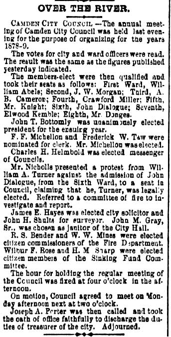 Philadelphia Inquirer, March 16, 1878 — Over the River, Camden City Council annual meeting