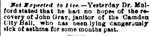 Philadelphia Inquirer, September 16, 1880 — Not Expected to Live — John Gray