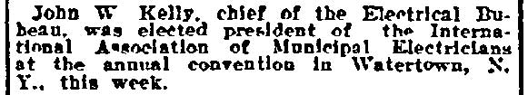 Philadelphia Inquirer, August 23, 1913 — Kelly elected president of International Association of Municipal Electricians