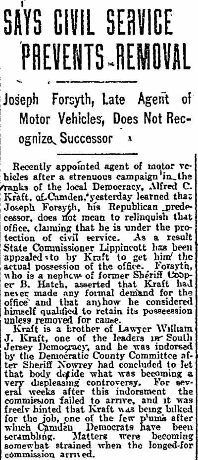 Says Civil Service Prevents Removal, Philadelphia Inquirer, February 6, 1913