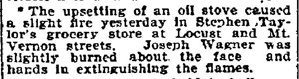 Philadelphia Inquirer clipping dated July 25, 1897, reporting that Joseph Wagner helped extinguish a fire at a Camden grocery store