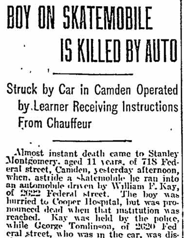 Philadelphia Inquirer, March 14, 1915 — Boy on Skatemobile Is Killed by Auto (column 1)