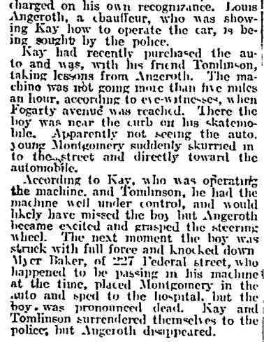 Philadelphia Inquirer, March 14, 1915 — Boy on Skatemobile Is Killed by Auto (column 2)