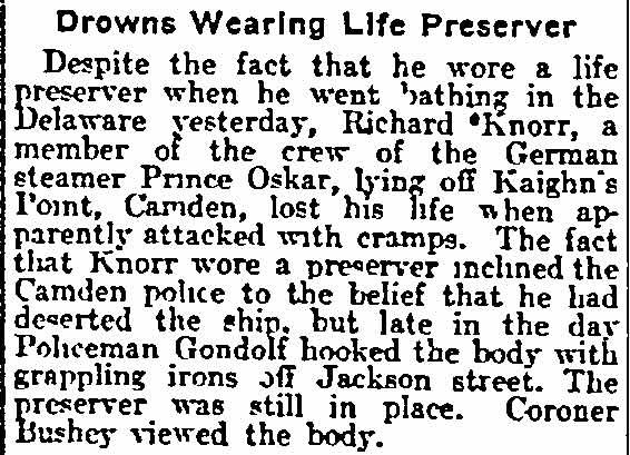 Philadelphia Inquirer, September 13, 1914 — Drowns Wearing Life Preserver