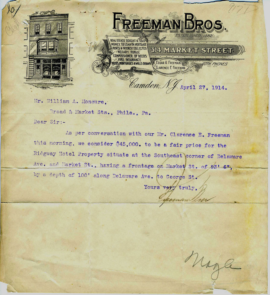 Freeman Bros. letter regarding sale of Hotel Ridgway, April 27, 1914