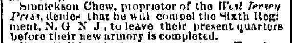 Philadelphia Inquirer clipping about Sinnickson Chew and the Sixth Regiment armory quarters