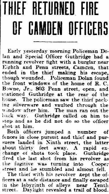Thief Returned Fire of Camden Officers, Philadelphia Inquirer, January 24, 1904