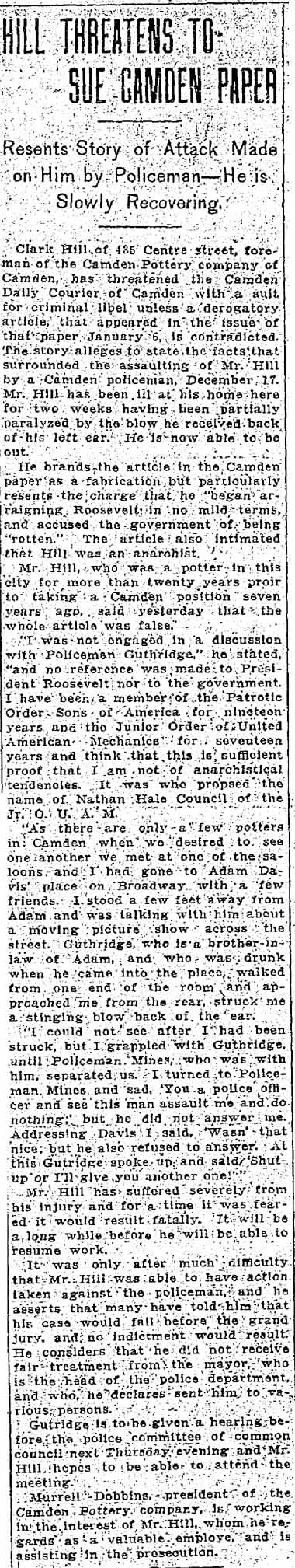 Trenton Evening Times, March 20, 1909 — Hill Threatens to Sue Camden Maker