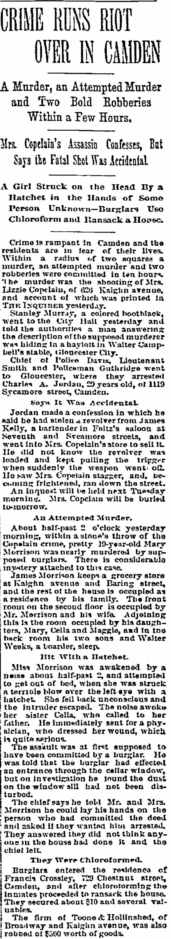 Crime Runs Riot Over in Camden, Philadelphia Inquirer, July 29, 1893 — Morrison family at 1160 Baring Street