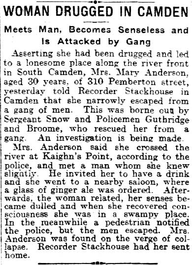 Philadelphia Inquirer, August 6, 1915 — Woman Drugged in Camden