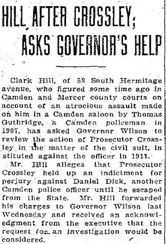 Trenton Evening Times, October 27, 1912 — Hill After Crossley; Asks Governor's Help