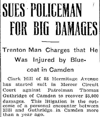 Trenton Evening Times, November 8, 1909 — Sues Policeman for Big Damages, part 1