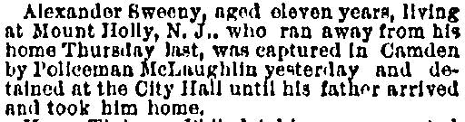 Philadelphia Inquirer, August 17, 1886 — Policeman McLaughlin captures runaway boy
