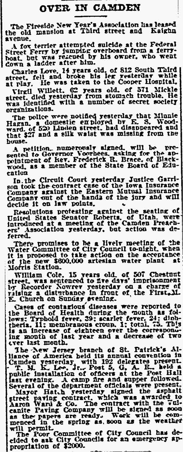 Virgil Willett Passed Away - Philadelphia Inquirer - January 17, 1899
