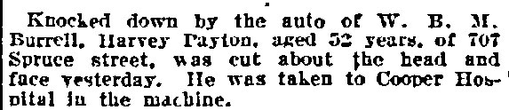 Philadelphia Inquirer, January 27, 1915 — Harvey Payton knocked down by the auto of W.B.M. Burrell